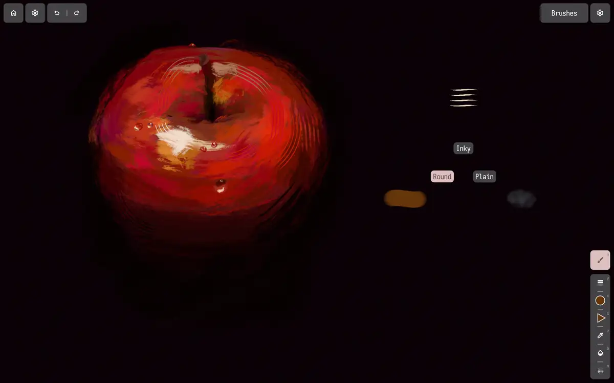 A painted red apple with the brush selection open directly on the canvas